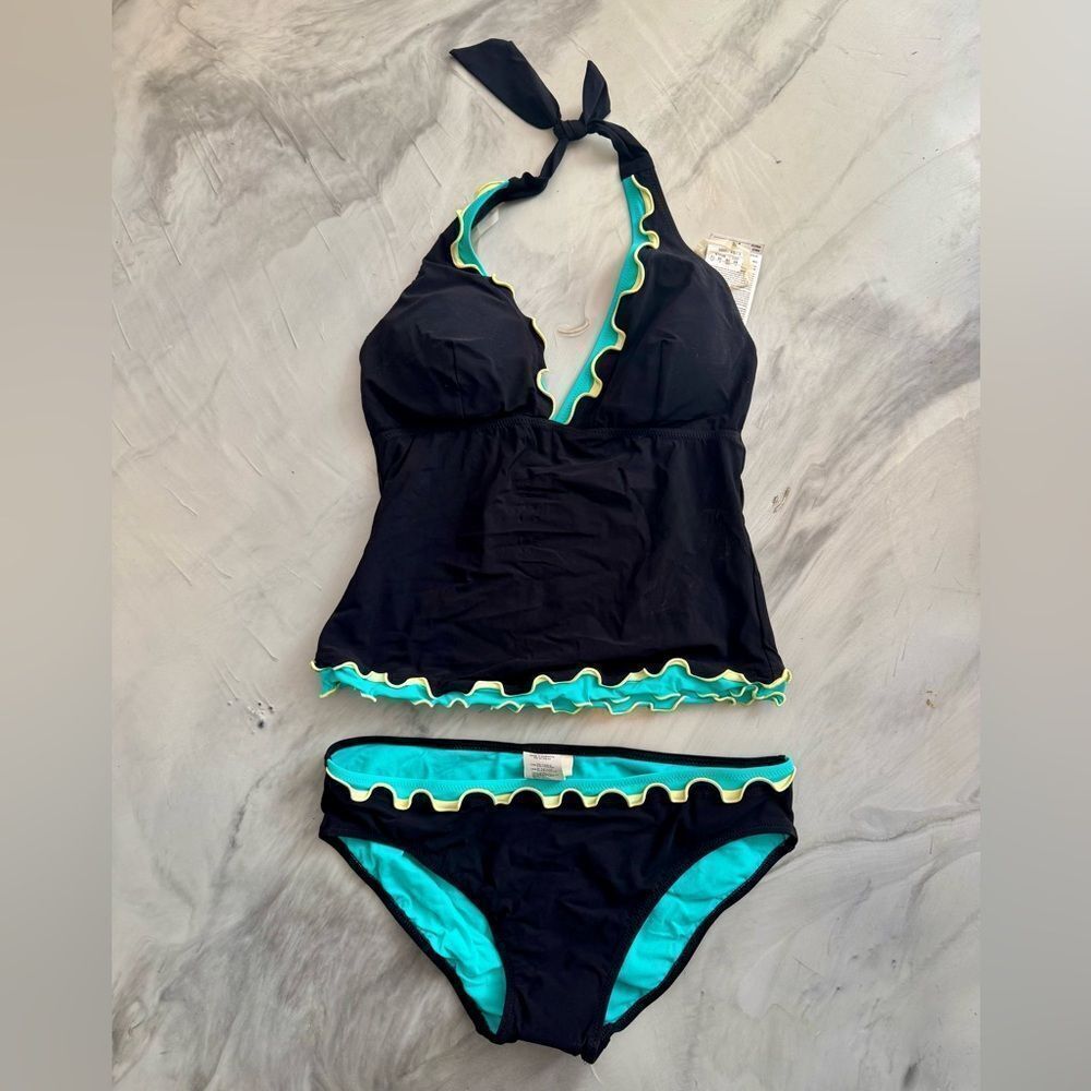 NWT New PROFILE By Gottex Black Aqua Lime Ruffle Halter Tankini Set EUR 40 / 10